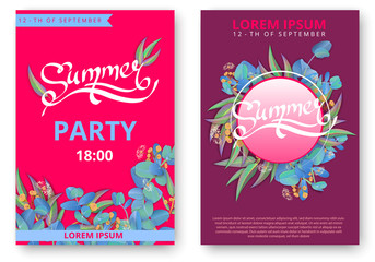 Pink summer party cards with beautiful eucalyptus pattern.