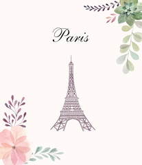 Fototapeta na wymiar Vector illustration with Eiffel tower and floral ornament