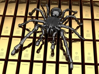 3D illustration of gold and iron spider ingots, rusty metal tarantula. The idea of danger, greed, trap, greed, crisis and economic collapse. 3D rendering, background.