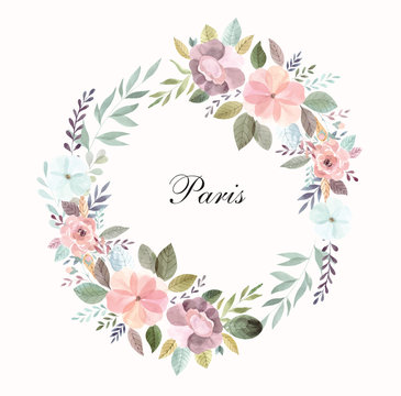Vector illustration with Eiffel tower with a waterolor floral wreath