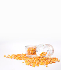 view of a scattered corn grains near in a glass jar on a white background