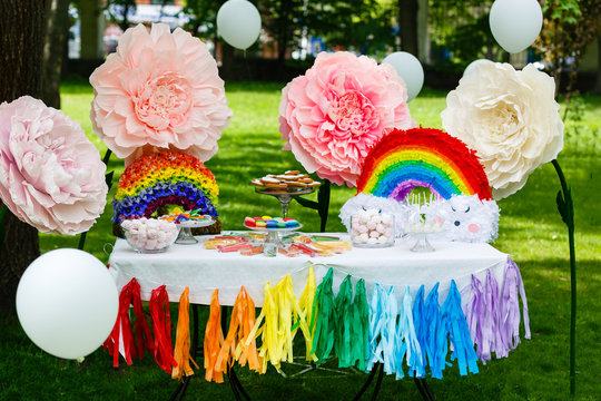 Colorful dessert table with decoration for child birthday