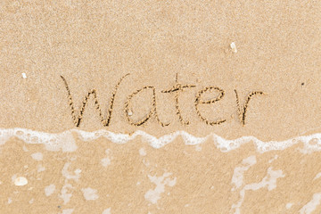 The word Water in sand beach with wave.