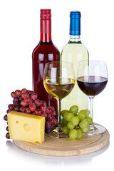 Wine wines red and white cheese portrait format isolated