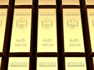 3D illustration of many gold bars, with the symbol of the chemical element of gold from the periodic table. The idea of luxury, success, capital, contribution, wealth and stability. 3D rendering