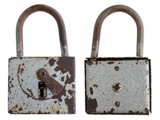 A vintage rusty door lock was stained with gray enamel