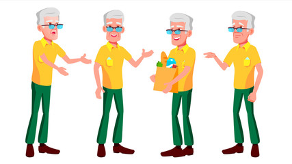 Old Man Poses Set Vector. Elderly People. Senior Person. Aged. Beautiful Retiree. Life. Presentation, Print, Invitation Design. Isolated Cartoon Illustration