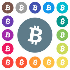 Bitcoin digital cryptocurrency flat white icons on round color backgrounds