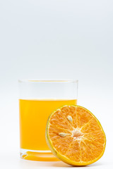 Close up glass of orange juice with sliced orange