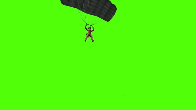 Military Parachutist open Parachute Down Green Screen 3D Rendering Animation
