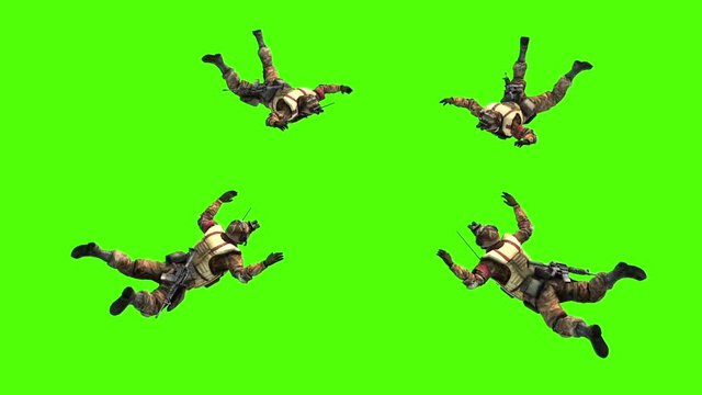 Military Parachutist Free Fall Top Green Screen 3D Rendering Animation