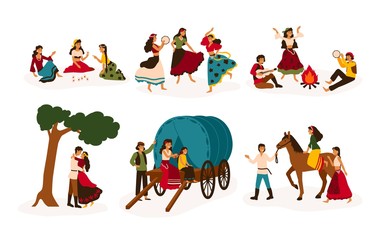 Set of lifestyle scenes with gypsies or Romani people performing various activities - riding horse, playing guitar and dancing, sitting on traditional wagon, telling future. Flat vector illustration.
