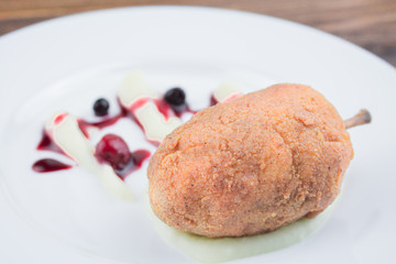 chicken cutlet, mashed potatoes and berry sauce. Cutlet in Kiev, close-up