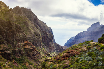 Mountain Landscape of the Masca Gorge. Beautiful views of the coast with small villages in Tenerife, Canary Islands