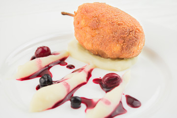 chicken cutlet, mashed potatoes and berry sauce. Cutlet in Kiev, close-up