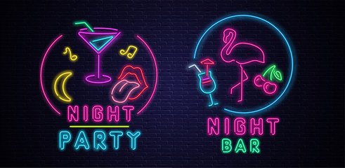 Black night party and bar background with colorful neon decoration.