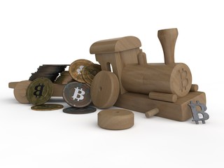 3D illustration of a wooden toy train, crash, crash cryptocurrency bitcoin. Scattered bitcoin coins made of rusty iron. The idea of inflation, isolated on a white background.