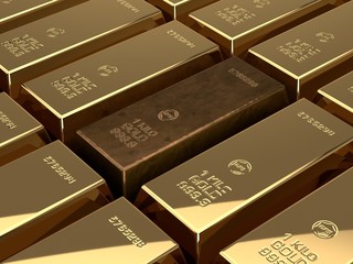 3D illustration of many gold bars and one in the center, rusty, faded, lost value. The idea of inflation, uniqueness, disaster, destruction, collapse of the economic system. 3D rendering