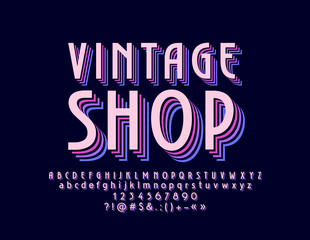 Fototapeta na wymiar Vector Retro Sign Vintage Shop. Bright Alphabet Letters, Numbers and Symbol