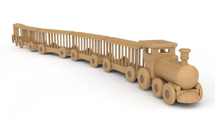 3D illustration of a wooden locomotive and wagons. Children's toy, model, souvenir. 3D rendering isolated on white background. © Станислав Чуб