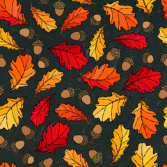 Black Board. Seamless Endless Pattern of Oak Leaves and Acorns. Red, Orange and Yellow. Autumn or Fall Harvest Collection. Realistic Hand Drawn High Quality Vector Illustration. Doodle Style.