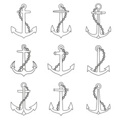 Anchor with chain outline icons set. Marine and nautical emblems collection.