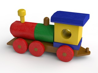 3D illustration of wooden toy, train. Toy of wooden elements, transport designer, the idea of childhood, gift, development. Image on white background, isolated.