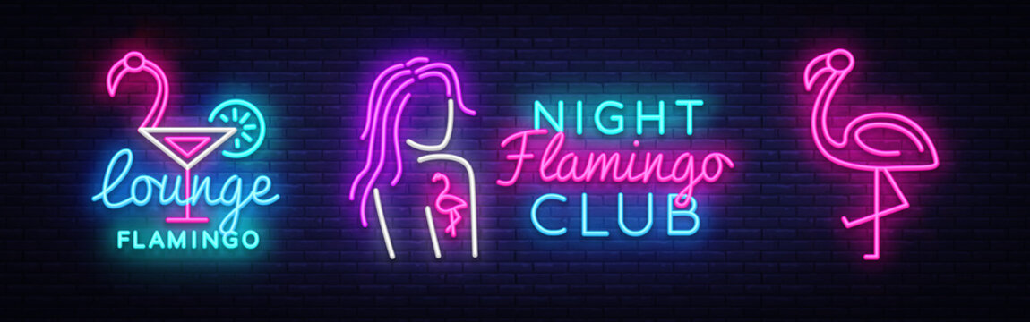 Flamingo Neon collection Logo Vector. Flamingo night club neon sign concept, design template, modern trend design, night neon signboard, night bright advertising, light banner, light art. Vector
