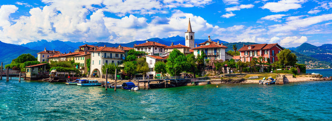 Beautiful romantic lake Lago Maggiore - view of island "Isola dei pescatori".  Italy