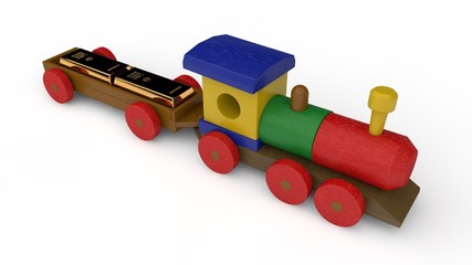 3D illustration of a wooden train, toys with a car. Lucky two gold bars. The idea of capital, Deposit, monetary Fund, financial reserve, wealth. Image on white background, isolated.