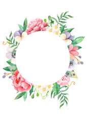 Fototapeta na wymiar Watercolor floral frame on a white background. Peonies, pansies, leaves, branches, a leaf of a fern, flowers of wild strawberry. Great for weddings, invitations, thank you, postcards.