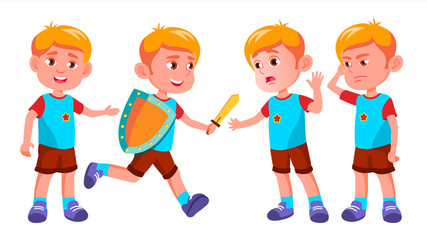 Boy Kindergarten Kid Poses Set Vector. Character Playing. Childish. Casual Clothe. For Presentation, Print, Invitation Design. Isolated Cartoon Illustration