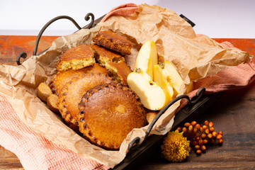 Round Dutch homemade cookies filled with apples and almonds nuts, autumn and winter seasonal dessert in Netherlands