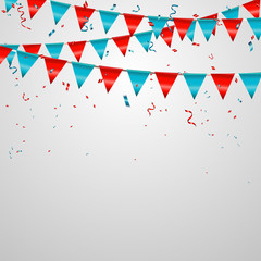Celebration background with red confetti and blue ribbon