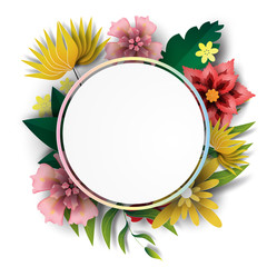 Paper art of  Frame circle with nature green colorful leaf and flower.vector