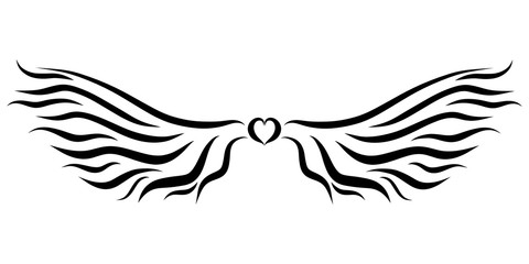 Heart and two wings drawn in smooth black lines