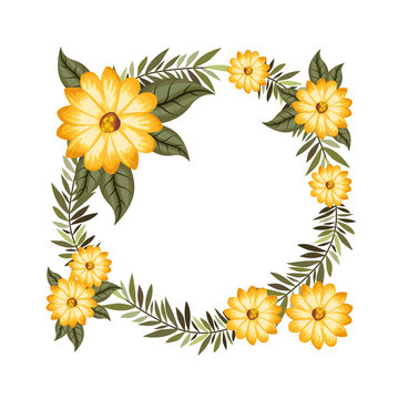 beautiful flower and leafs circular frame vector illustration design