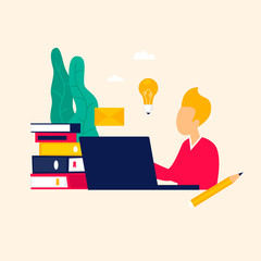 Businessman sitting behind a computer work. Flat style vector illustration.