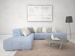 Mock up a stylish living room with a comfortable corner sofa and a light hipster background.
