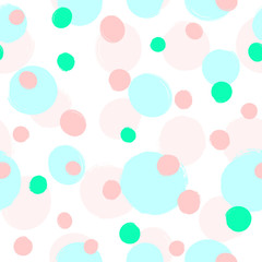 Repeated scattered round colored spots painted with watercolour brush. Cute girly seamless pattern. Sketch, grunge, watercolor.