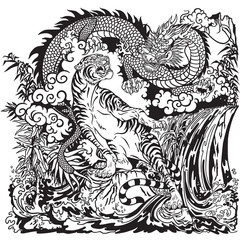 Chinese dragon and tiger in the landscape with waterfall , rocks ,plants and clouds . Two spiritual creatures in the Buddhism representing the spirit heaven and matter earth. Black and white vector