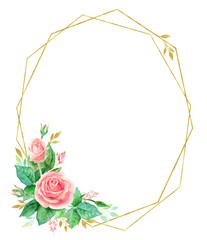 Geometrical frame Watercolor invitation design with flowers and leaves . background with botanic elements for text, watercolor.