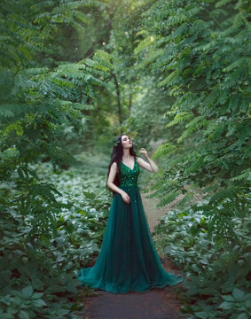 A forest nymph, a dryad in a luxurious, emerald dress, walks in the forest. Princess with healthy, long, black hair. Magic and tenderness fills the photo