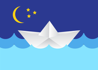 Fototapeta na wymiar Origami paper ship on ocean waves. Travel transport toy background