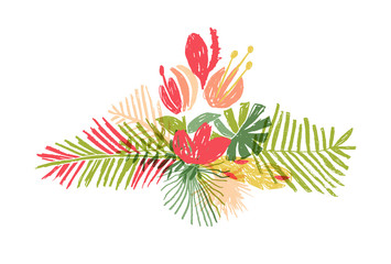Tropical hand drawn flower leaf bouquet, vector illustration isolated on white background. Botanical doodle style, tropic paradise, aloha summer © antuanetto