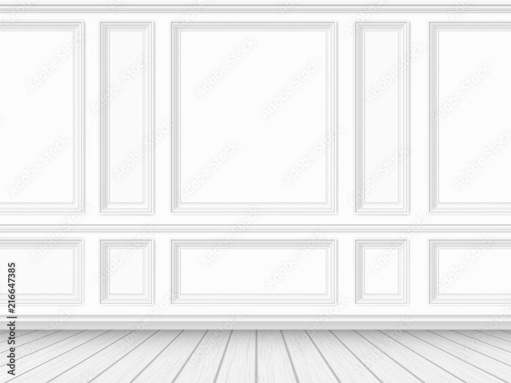 Wall mural classic interior of the living room. parquet floor and white wall decorated with moulding panels. ve