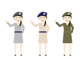 Female soldiers in Various uniform skirts colors waving hello
