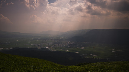 Aso, Kumamoto Caldera Countryside Landscape from Above with Sunbeams