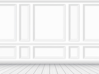 Classic interior of the living room. Parquet floor and white wall decorated with moulding panels. Vector detaled realistic illustration. - obrazy, fototapety, plakaty