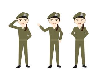 Female soldiers with green uniform and different poses - Stand, Hello, Salute
